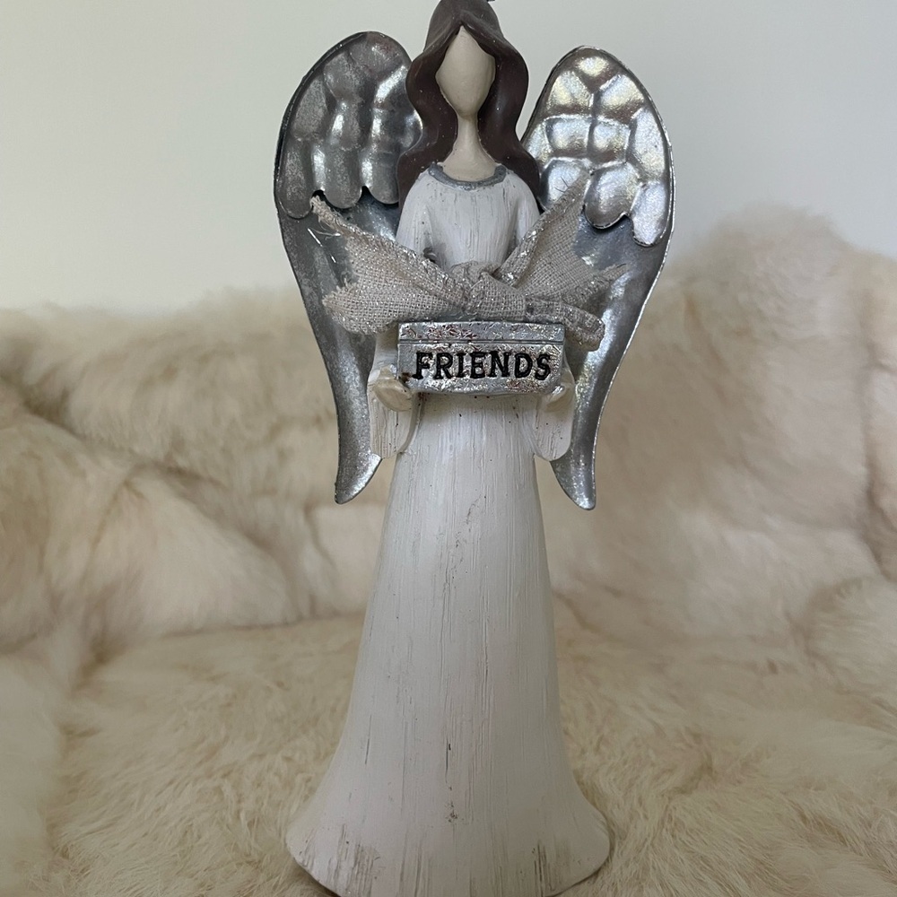 St. Nicholas Square Silver and White Angel Figurine. Wood & Metal